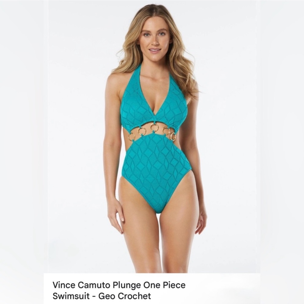 Vince Camuto Crochet with Gold Rings Swimsuit Lagoon Color NWT